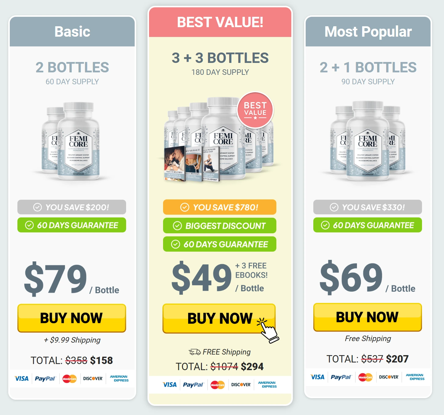 FemiCore pricing packages: 2 bottles, 3 bottles and 6 bottles