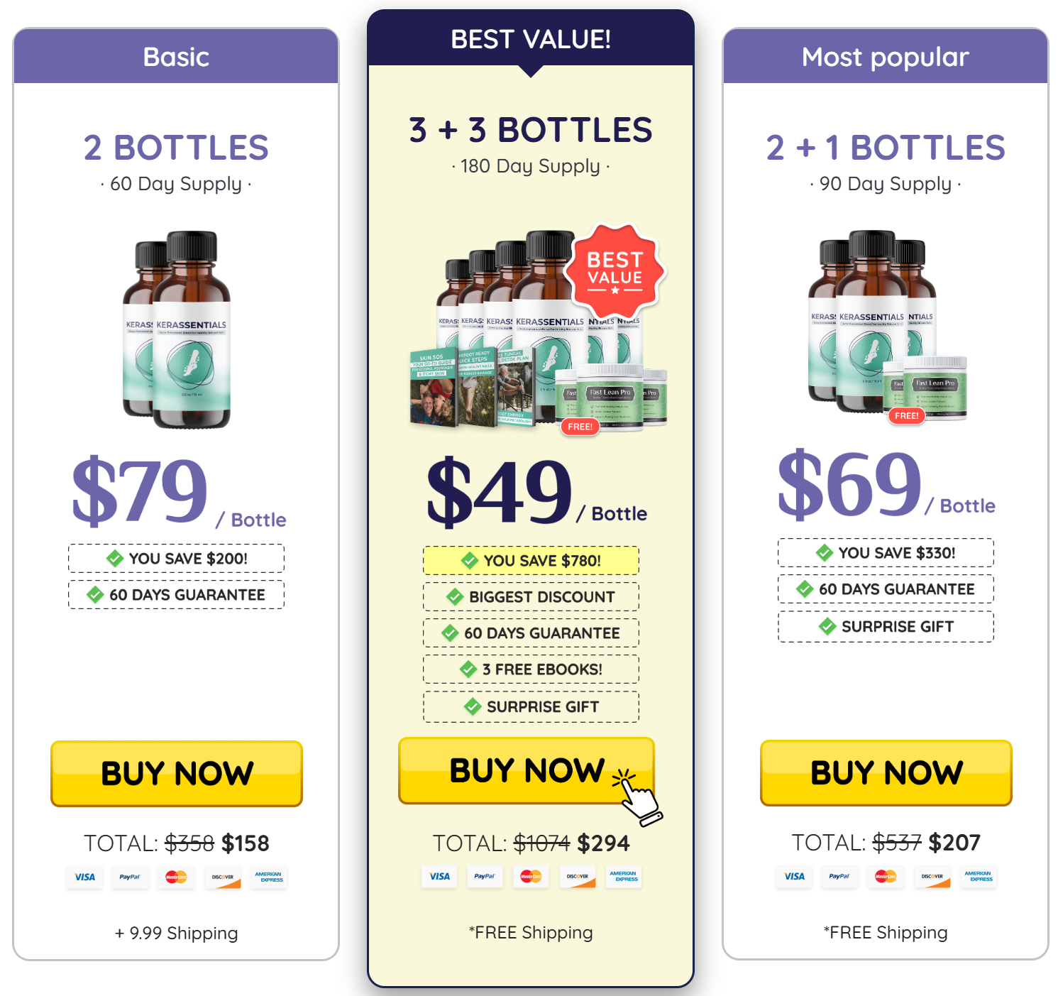 Kerassentials pricing packages: 2 bottles, 3 bottles and 6 bottles