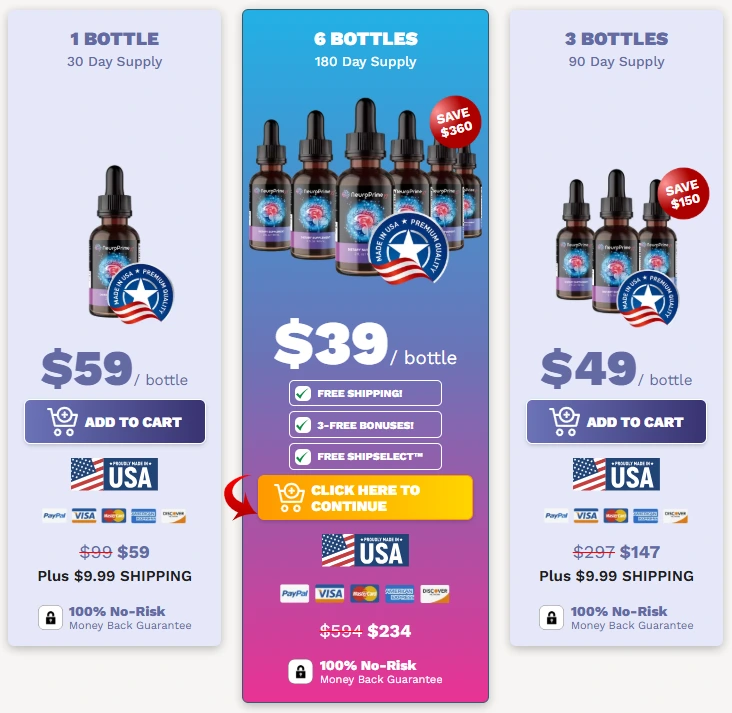 NeuroPrime pricing packages: 1 bottle, 3 bottles and 6 bottles