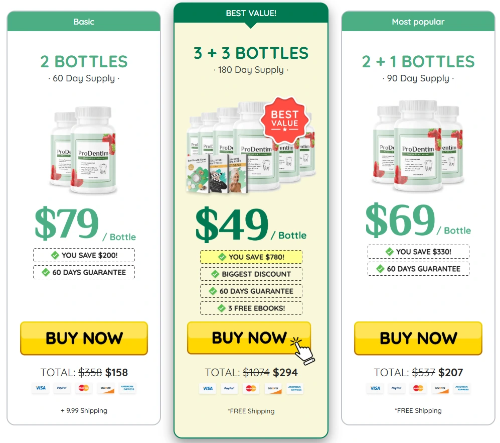 ProDentim pricing packages: 2 bottles, 3 bottles and 6 bottles