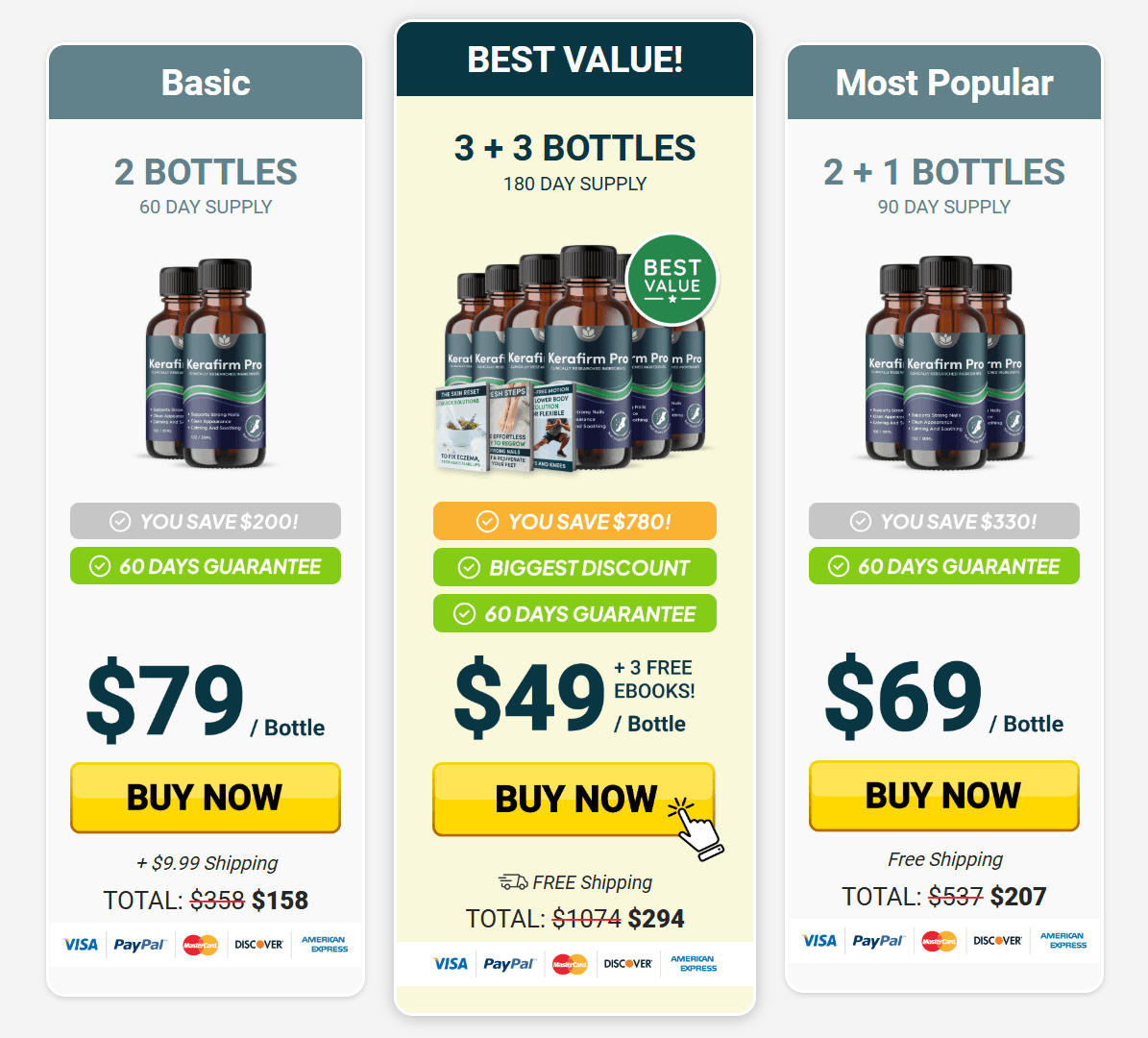 KeraFirm Pro pricing packages: 2 bottles, 3 bottles and 6 bottles