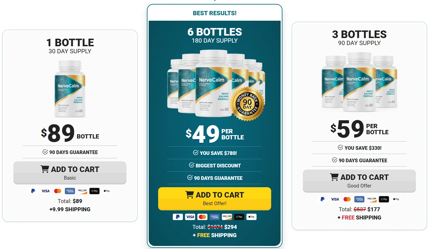 NerveCalm pricing packages: 1 bottle, 3 bottles and 6 bottles