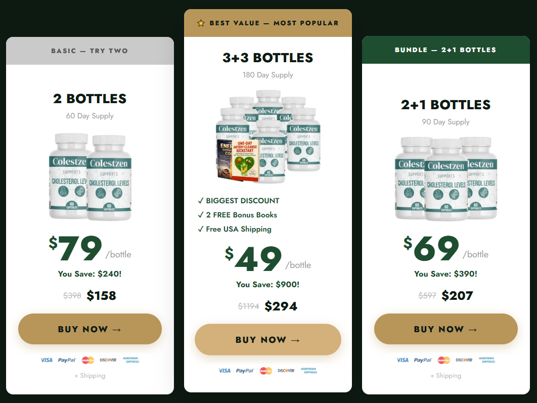 ColestZen pricing packages: 2 bottles, 3 bottles and 6 bottles