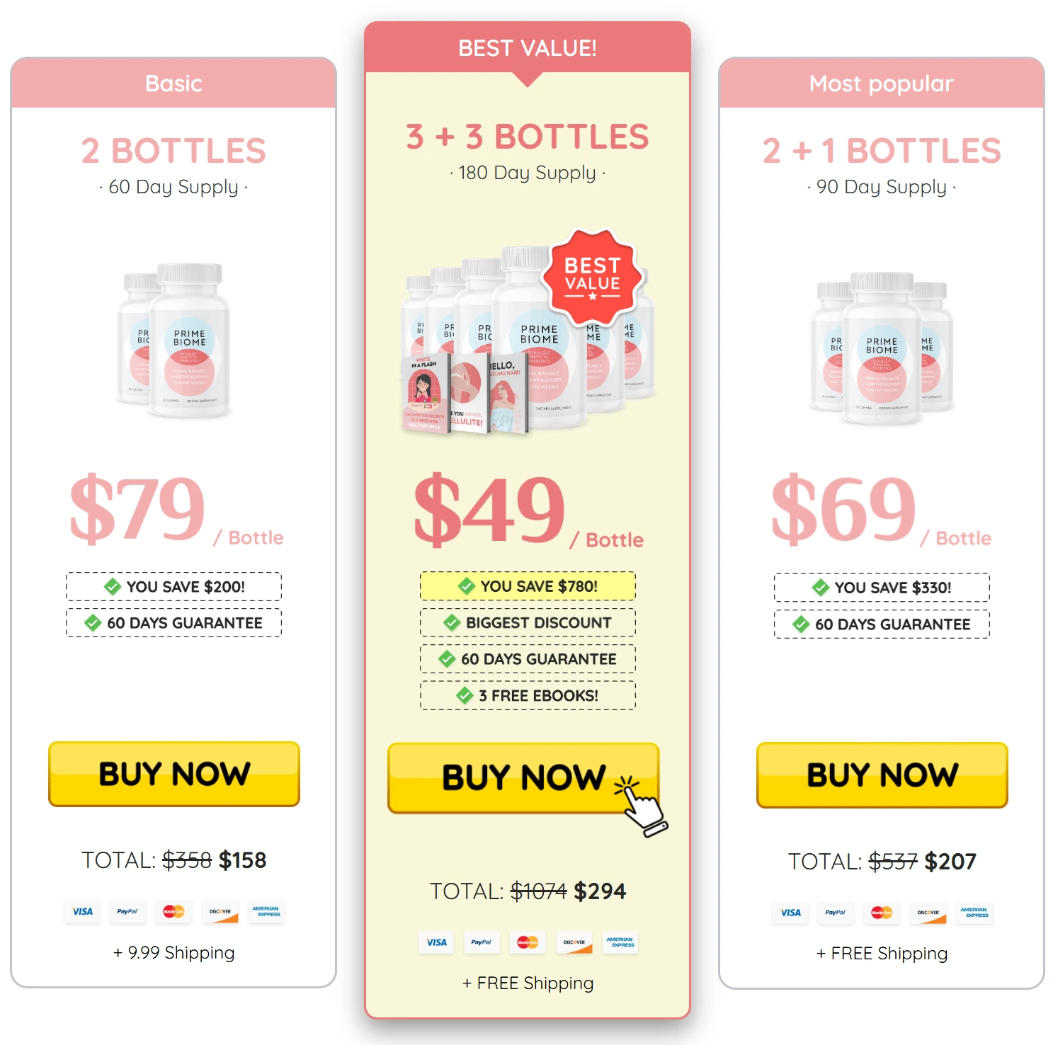 PrimeBiome pricing packages: 2 bottles, 3 bottles and 6 bottles