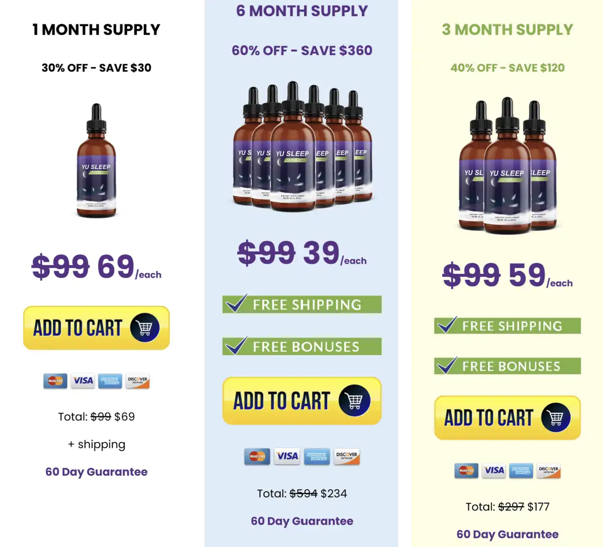 Yu Sleep pricing packages: 2-month, 3-month and 6-month supply